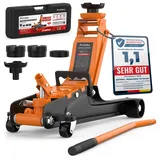 Wagenheber 2,5T extra flach – Hydraulischer Rangierwagenheber mit Transportkoffer, 3 Gummiauflagen & Adapter – Auto Wagenheber für PKW bis 2.500 kg (Orange)