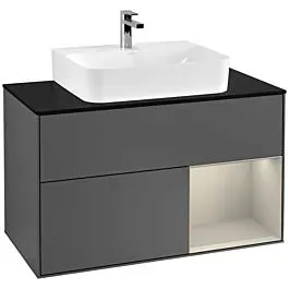 Villeroy und Boch Finion Waschtischunterschrank F122HHGK 100cm, Abdeckplatte black matt, Regal rechts Sand Matt, Anthracite matt