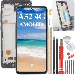 YHX-OU Schwarz+Rahmen AMOLED LCD Display Für Samsung Galaxy A52 4G SM-A525F SM-A525M LCD Display Touchscreen Bildschirm Ersatz mit Werkzeug (AMOLED Touch Screen Support Fingerprint)