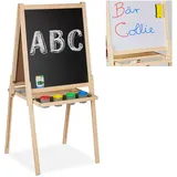 Relaxdays Kindertafel 2 in 1, Kreide- & Magnettafel, höhenverstellbare Standtafel mit Zubehör, Holztafel Kinder, natur