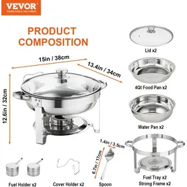 Vevor 2 Stk. Chafing Dish Profi Set Wärmebehälter Edelstahl + Glas Buffet Set Rund 2 x 3,5 L, 33,5 x 33,5 x 7 cm Jeder Behälter, Speisewärmer für Buffets, Familienfeiern, Bankette, Hochzeiten usw.