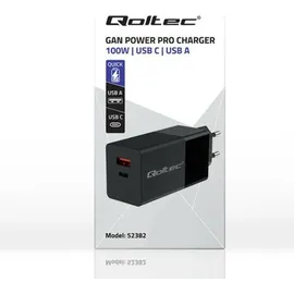 Qoltec GaN POWER PRO Ladegerät 1xusb-c 1xUSB 100W 5-20V 1,5-5a PD Laptop Smartphone Schwarz