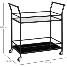 Homcom Küchenwagen, Rollwagen, Servierwagen mit 2 Ablagen, Trolley, Beistellwagen auf Rollen, Aufbewahrungswagen für Küche, Metall, Schwarz, 75 x 40 x 80 cm