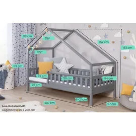 TICAA TiCAA Hausbett Bodenbett wandelbar mit asymmetrischem "Lou" 90/100/120/140x200 cm für Jungen & Mädchen, inkl. Rolllattenrost, Zusatzbett & Rausfallschutz, Montessori Bett aus Kiefer Massivholz