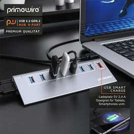 Primewire 8 Port USB 3.2 Gen.1 Port Hub - 8 x USB 3.2 Gen1, Davon 1x USB Ladeport smart Charge – 8 Port Verteiler mit Netzteil - Alugehäuse - für PC