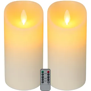 Relaxdays LED Kerzen, 2er Set, mit Fernbedienung, Timer & flackernder Flamme, Echtwachs, flammenlose Stumpenkerzen, weiß