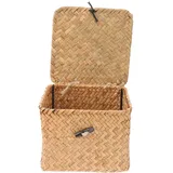 BESTonZON Quadratische Strohbox mit Deckel aus Naturmaterial Organizer Kasten für Tee und Kleine Gegenstände Rustikaler Aufbewahrungskorb für Zuhause und Laden