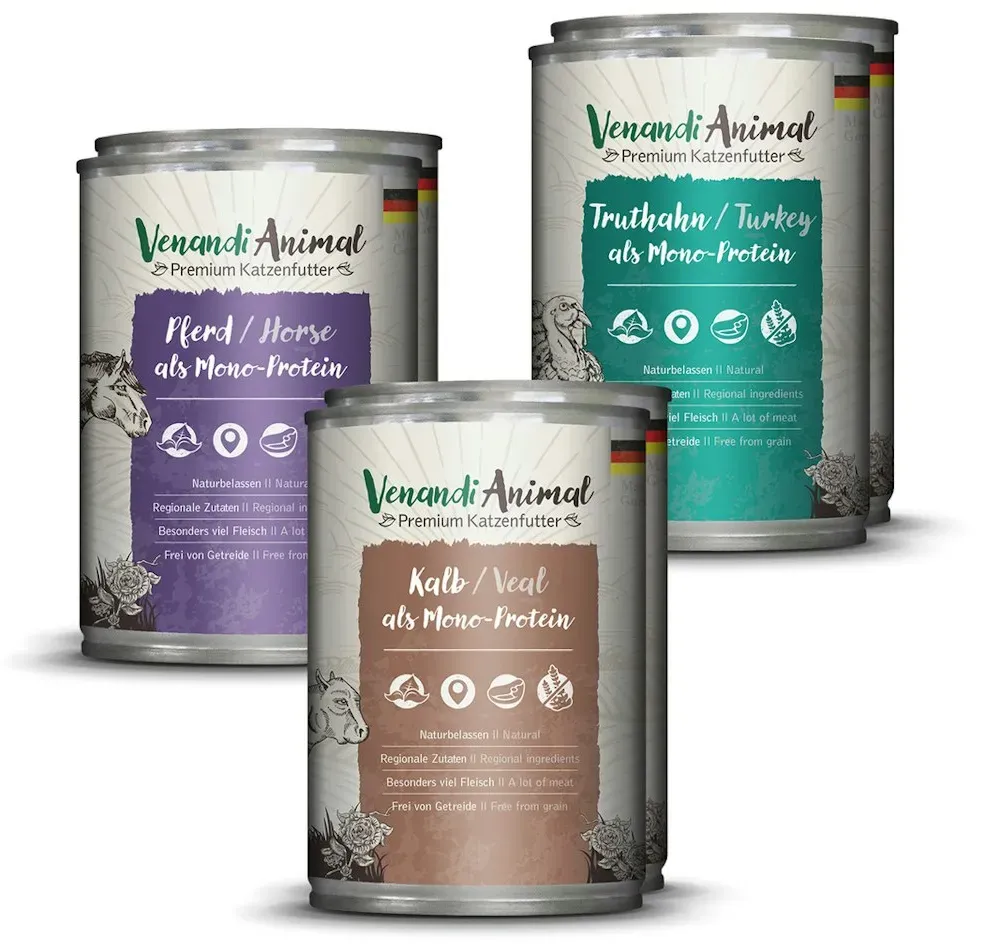 Venandi Animal 6x400g Mix-Paket Katzennassfutter Pferd/Kalb/Truthahn