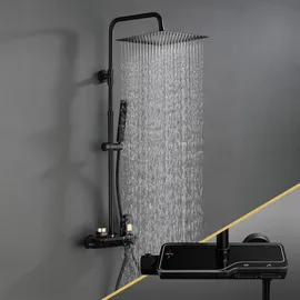 Görbach Duschsystem mit Thermostat Schwarz 20x20 cm