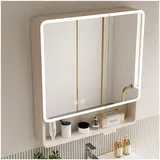 ZHENGQIAN Spiegelschrank Bad mit Beleuchtung,Doppeltür Badschrank,Wandmontierter Badspiegelschrank,mit LED und Steckdose,mit Intelligenter Antibeschlag/Touchschalter(Beige,L60xW88CM/L23.6xW34.6IN)