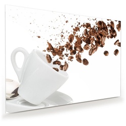 Primedeco Glasbild Wandbild Kaffeebohnen und Pulver mit Aufhängung, Kaffee weiß 100 cm x 70 cm