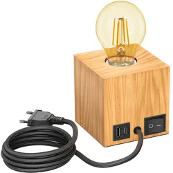 ledscom.de Tischlampe HITO, Holz massiv, eckig, USB, inkl. E27 Lampe gold, 471lm, extra-warmweiß