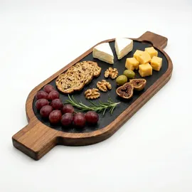 hausleben Servierbrett Holz mit Schieferplatte 50x15cm – Akazienholz Käseplatte mit 2 Griffen, Längliches Tapas Brett & Antipasti Platte – Ru...