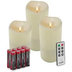Candela Lights Outdoor LED Kerzen 3er Set Cream inkl. Fernbedienung + 6 Batterien Timer Funktion & mehrstufig dimmbar flammenlos Stumpenkerzen