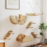BALCONERA Katzen Kletterwand Set aus Holz, 6-Teiliges Stabiler Katzenmöbel mit 3 Katzentreppe, 2 Katzenbett, 1 Flanell-Katzenhängematte