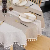 Runde Tischdecke 140 Cm, Khaki, Leinen-baumwoll-mischgewebe, Waschbar, Fleckenabweisend, Mit Quasten