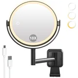 AIMAX Kosmetikspiegel mit Beleuchtung, 2000mAh Wiederaufladbarer Wandspiegel mit 1X & 10X Vergrößerung, Dimmbarer mit 3 Farbtemperaturen, 360° Drehbar für Rasur & Make-up im Badezimmer, Platzsparend