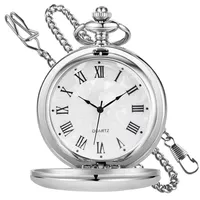 Tiong Vintage Taschenuhr mit Kette römische Ziffern Glatt Stahl Einzigartiges weißes Zifferblatt Design zu Weihnachten Geburtstagsgeschenke