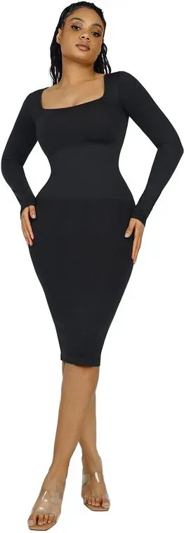 Feelingirl Nahtloses Shaper-Kleid mit quadratischem Ausschnitt und langen Ärmeln XS/S Schwarz