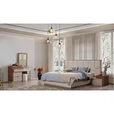 Xlmoebel Schlafzimmer-Set Beige Schlafzimmerset Edle Polsterbetten Nachtkommoden, (4-tlg., Bett / 2x Nachttische / Schminktisch mit Spiegel), Hergestellt in Europa beige