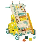 Janod - Multi-Aktivitätswagen Tropik - Laufwagen aus Holz - Lernspielzeug mit Aktivitäten - Leise Räder und Feststellschraube - FSC-zertifiziert - Wasserfarbe - Ab 1 Jahr, J08269