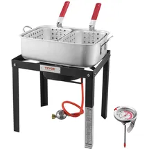 Vevor Fisch Fritteuse Flügelfritteuse Propan-Fischfritteusen-Set 13,27 L aus Aluminium, Meeresfrüchte-Topf Outdoor mit Thermometer, Siebkorb und 580