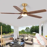 XSGDMN 132cm Deckenventilator Holz mit Beleuchtung, Goldener Bauernhaus Deckenventilator mit Licht 5 Wood Fan Blades, 3CCT, Deckenventilator Outdoor für Schräge und Gewölbte Decken Verwendet Werden