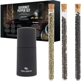 Microplane Gewürzmühle im Set mit Tellicherry Pfeffer, Grüner Pfeffer & Schokoladenpfeffer