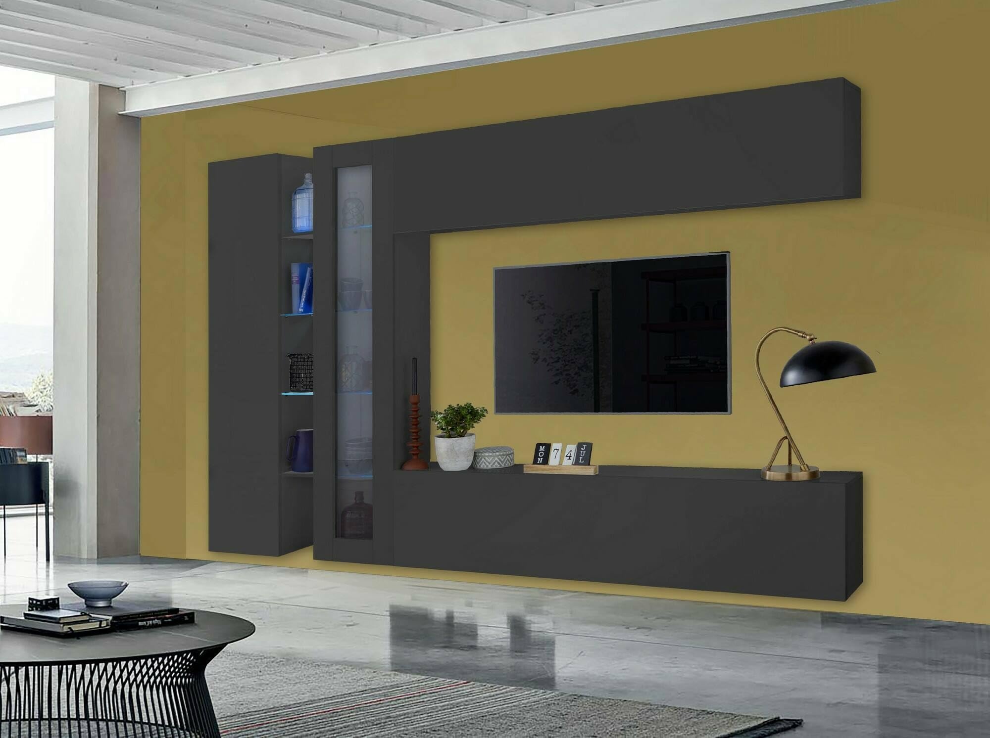 Dmora Konstante Wohnwand mit 4 Türen, Wohnzimmermöbel, Mehrzweck, 100% Made in Italy, 280 x 30 x 180 cm, Anthrazit