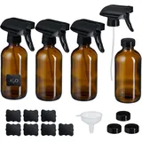 Relaxdays Sprühflasche Glas, 4er Set, 500ml, Nebel & Strahl, Wassersprüher für Haare, Reinigung, Pflanzen, braun/schwarz.