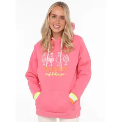 Hoodie ZWILLINGSHERZ ""Ahoi Käpt'n"", Damen, Gr. SM (S/M), pink (neon pink), Obermaterial: 50% Baumwolle, 50% Polyester, modisch, comfort fit hüftlang, V-Ausschnitt, Langarm, Sweatshirts, mit maritimer Botschaft, lustigen Möwen, Kängurutaschen und Stickerei