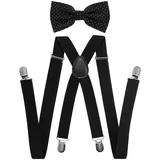 axy Herren Hosenträger mit Fliege im 2er Set - 4 Stabile Clips -X-Form (Schwarz Hosenträger+Schwarz mit Weiße Punkten Fliege) - Einheitsgröße