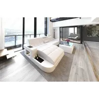 Sofa Dreams Ecksofa Wave L Form Ledersofa LED, 4-Sitzer, Echtleder Premium, komplett Weiß, Ottomane links mit Bett weiß