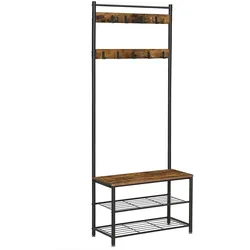 Kleiderständer, Garderobenständer mit Schuhablagen, Schuhregal mit Sitzfläche, 3 Ablagen, Haken, Höhe 175 cm, Industrie-Design, Vintagebraun-schwarz