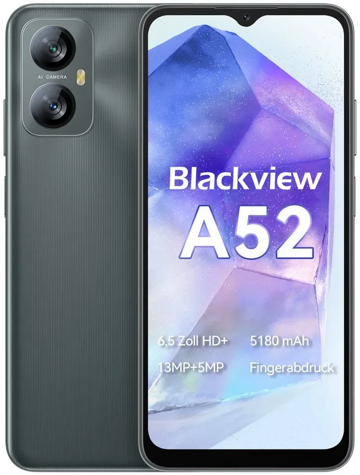 blackview A52 Smartphone (6,5 Zoll, 32 GB Speicherplatz, 13 MP Kamera, Dual SIM 4G, Face ID, Fingerabdruck) grau