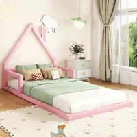 SOFTWEARY Kinderbett mit Lattenrost, 90x200 cm, Hausbett, Bodenbett, Jugendbett, Kiefer - Rosa