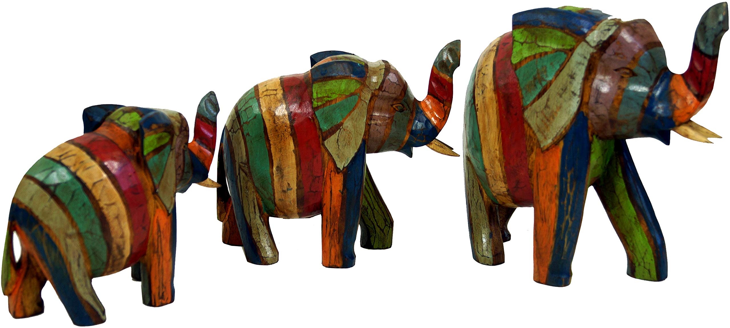 GURU SHOP Holzfigur Elefant in 3 Größen - Bunt Gestreift, Größe: Groß (24x25x9 cm), Tierfiguren