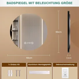 pesenxan Runder Spiegel mit Beleuchtung 60cm 3 Lichtfarben Silber