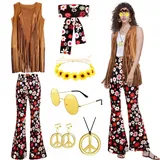 Moiuguli Hippie Kostüm Damen Set, 60er 70er Jahre Faschingskostüm Hippie Kleidung Damen mit Fransenweste Schlaghose Hippie Accessoires, Hippie Kostüm für Karneval Party