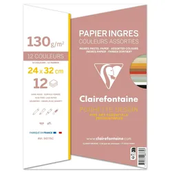 Clairefontaine 10x Ingres Pastellpapier, Zeichenpapier 24x32 cm 130g, Packung mit 12 Bogen in verschiedenen Farben - Pastellfarben sortiert 96775C