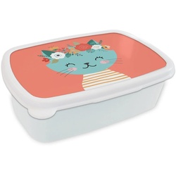 MuchoWow Lunchbox Katze – Blumen – Rosa, Kunststoff, (2-tlg), Brotbox für Kinder und Erwachsene, Brotdose, für Jungs und Mädchen weiß