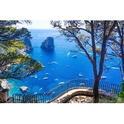 Fototapete PAPERMOON "CAPRI-INSEL STRAND KLIPPEN KÜSTE BLUME GEBIRGE TERRASSE", bunt, B:3,00m L:2,23m, Vlies, Tapeten