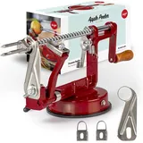 IKIGAI Apfelschälmaschine mit Kurbel, 3-in-1 Apfelschäler inkl. Apfelentkerner und Apfelschneider, Kartoffelschälmaschine aus Edelstahl, stabiler Apfelkernausstecher rot