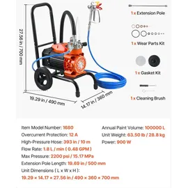 Vevor Membran-Airless-Farbspritzgerät 900 W, Rollbares Farbspritzgerät mit 15,17 MPa Hochdruck, 10 m Hochdruckschlauch, Reinigungsnadel und Bürste, für DIY-Sprüharbeiten im Innen- und Außenbereich
