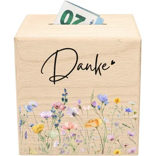 Trinkgeldkasse Wildblumen Danke Kaffeekasse Spardose aus Holz Trinkgeld Sparkasse Holzspardose