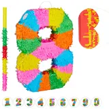 Relaxdays 3 TLG. Pinata Set Geburtstag, Zahl 8, Pinatastab mit Augenmaske, Kinder & Erwachsene, Piñata zum selbst Befüllen, bunt