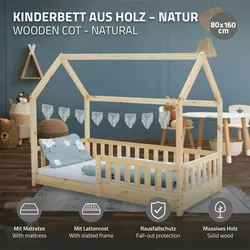 Kinderbett+Matratze Hausbett Bettgestell Einzelbett Lattenrost Natur 80x160 cm