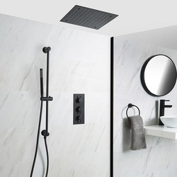 Unterputz-Duschsystem mit Thermostat - mit 400mm x 400mm Unterputz-Duschkopf und Brausestangenset - Schwarz - Nox, von Hudson Reed