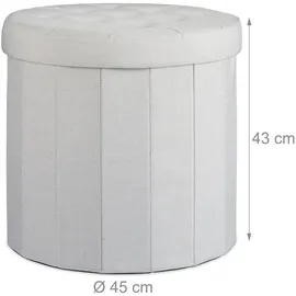 Relaxdays Sitzhocker mit Stauraum Größe L, runder Fußhocker mit Deckel, Polsterhocker faltbar, HBT: 43x45x45 cm, creme