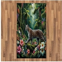 Teppich Flachgewebe Deko-Teppiche für das Wohn-,Schlaf-, und Essenszimmer, Abakuhaus, rechteckig, Katze Wildleopard im bunten Dschungel grün 80 cm x 150 cm